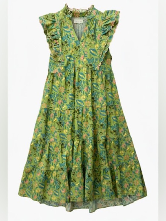 Umgee Dresses & Skirts - Umgee green Floral Garden Print Silky Cotton Tiered flutter Midi Dress small